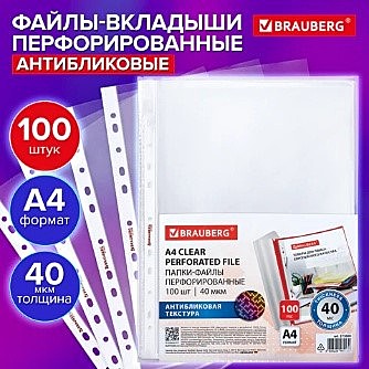 Папки-файлы перфорированные с антибликовой текстурой А4 BRAUBERG PIXEL, КОМПЛЕКТ 100 шт., 40 мкм, 27