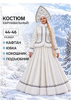 Карнавальный костюм новогодний «Снегурочка Купеческая»: кафтан, юбка, кокошник, подъюбник, размер 44-46,48-50,52-54 молочныйСоставПолиэстер