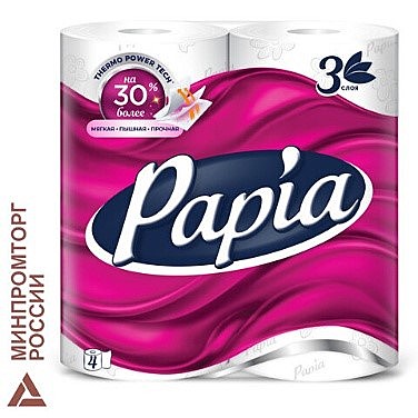 Бумага туалетная Papia, спайка 4 шт, 3-слойная (4*16,8)