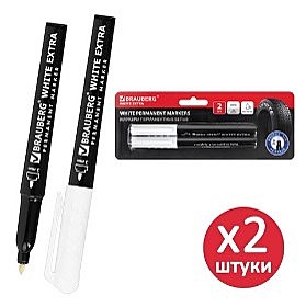Маркеры перманентные BRAUBERG WHITE EXTRA, БЕЛЫЕ, НАБОР 2 ШТУКИ, круглый наконечник 3 мм