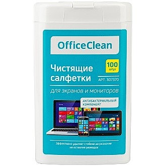Салфетки влажные портативные чмстящие OfficeClean для экранов и мониторов, 100шт
