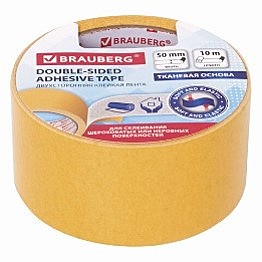 Клейкая двухсторонняя лента 50 мм х 10 м, ТКАНЕВАЯ ОСНОВА, BRAUBERG, 606427