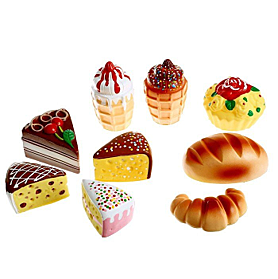Резиновая игрушка. Набор КОНДИТЕРСКИЕ ИЗДЕЛИЯ 8 эл. (мороженое Н-9,6 см.2 шт,кус.торта-3 шт,батон,конфета, кекс-пироженное)                                                                     Материал  ПВХ  
