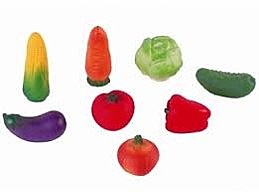Резиновая игрушка. Овощи (болгарский перец – 7см, помидор – 8см, баклажан – 10см, кукуруза – 13,5см, огурец – 11см, капуста – 8см, морковь – 12см, луковица – 7см.)