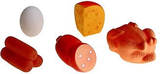 Резиновая игрушка. Продуктов (курица 8,5*4,5 см., сыр, яйцо,  колбаса, сосиски