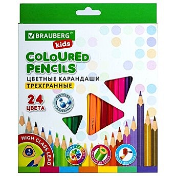 Карандаши цветные BRAUBERG KIDS, 24 цвета, трехгранные, грифель 3 мм,