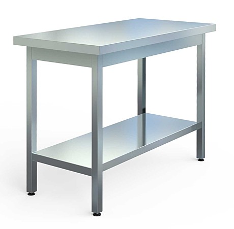 Столы на нержавеющем каркасе из квадратной трубы без борта, столешница и полка сплошная